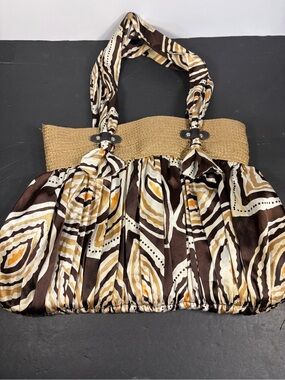 Vintage Sun & Sand Boho Straw & Pleated Satin Shoulder Bag Geo Print EUC